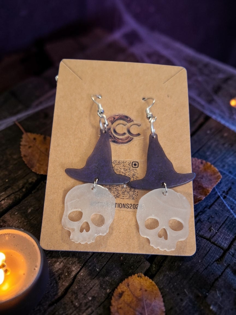 ​Glow-in-the-Dark Skull Witch Hat Earrings | Handmade Spooky Resin Jewelry